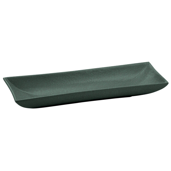 A black rectangular Tablecraft platter with green speckles and a curved edge.