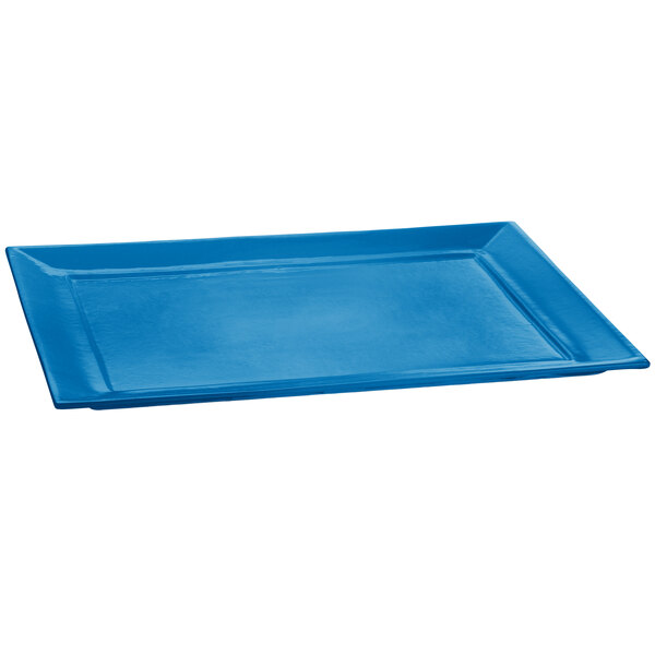 A blue rectangular Tablecraft cast aluminum platter.