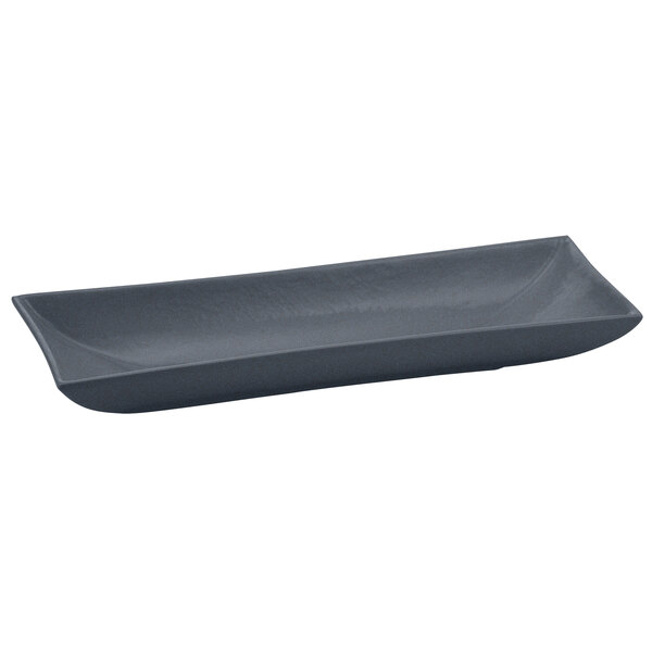 A Tablecraft midnight black rectangular platter with a curved edge.