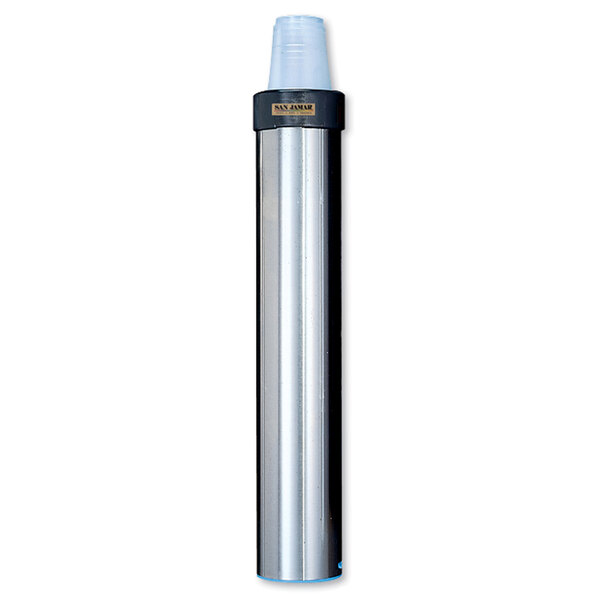 A San Jamar stainless steel cylinder with a black cap and metal pole inside.