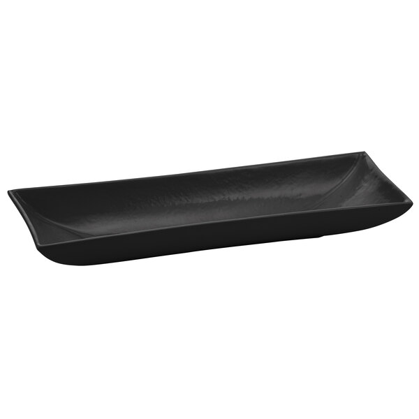 A black Tablecraft cast aluminum rectangular platter with a flared edge and long handle.