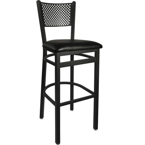 A black steel BFM Seating bar stool with a black vinyl seat.