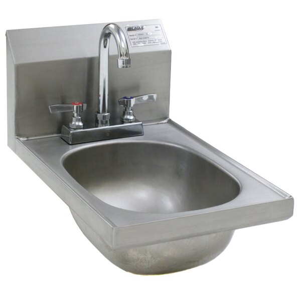 A stainless steel Eagle Group hand sink with a deck mount gooseneck faucet and basket drain.