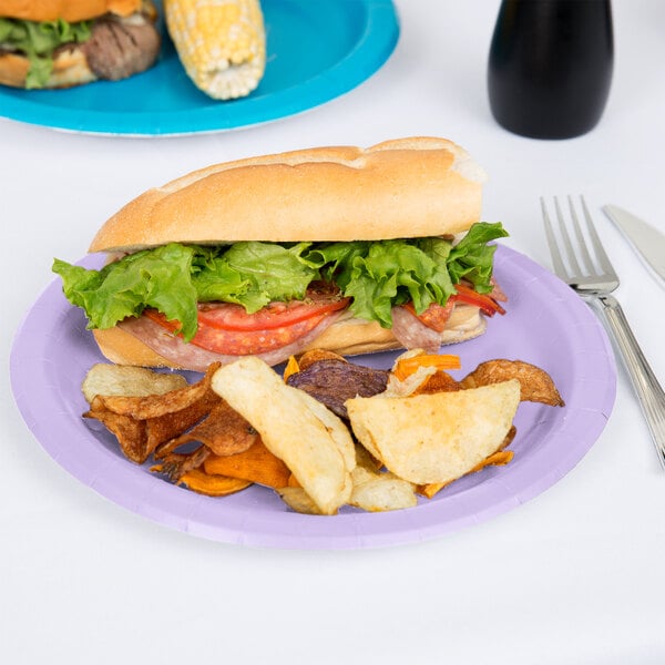 A sandwich with chips on a Luscious Lavender paper plate.
