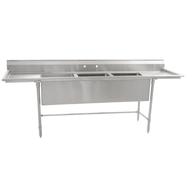 A stainless steel Eagle Group 3 compartment sink with two drainboards.