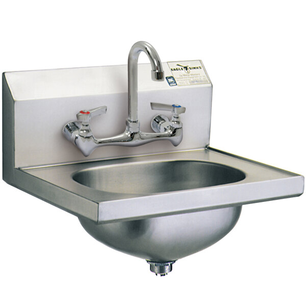 An Eagle Group stainless steel hand sink with a splash mount faucet and basket drain.
