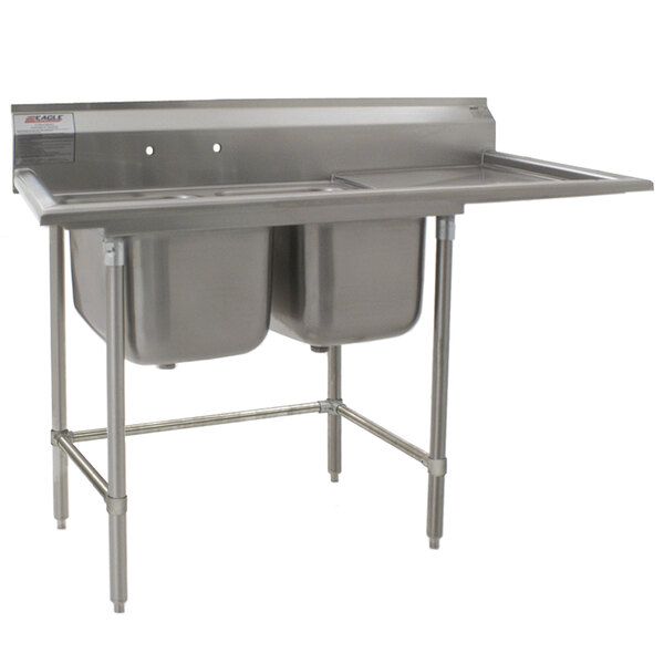 A stainless steel Eagle Group two compartment sink with a right drainboard.