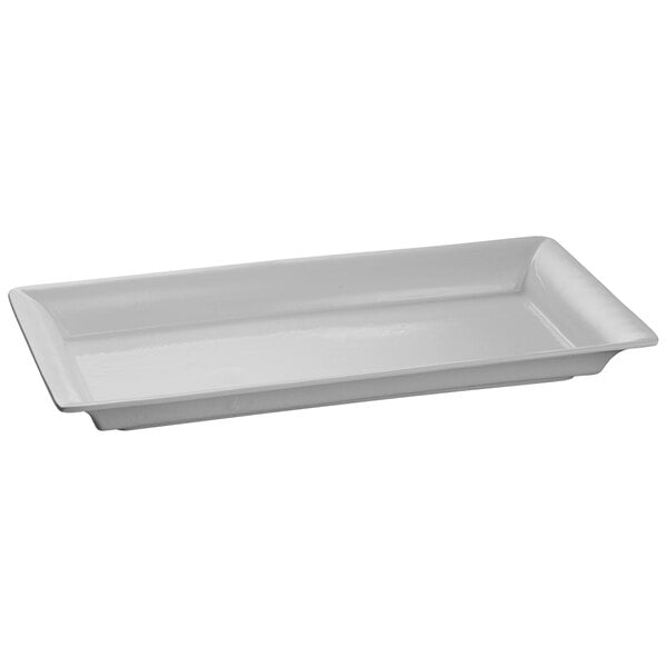 A gray rectangular cast aluminum platter with a handle.