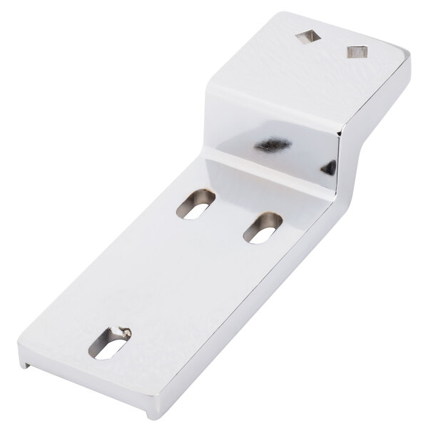 A silver chrome Avantco middle hinge bracket with two holes.