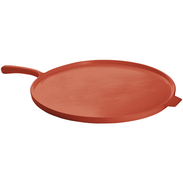 A red pan with a handle.
