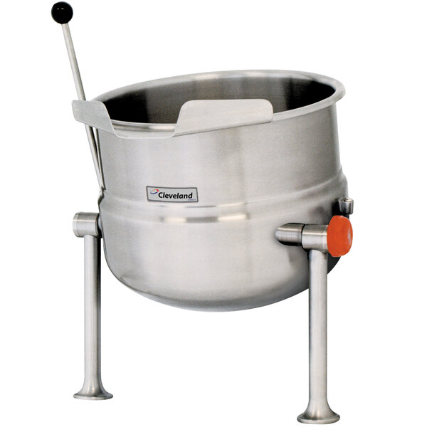 A large stainless steel Cleveland steam kettle with a left handle.
