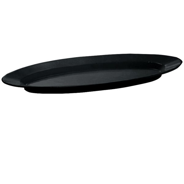 A black oval Tablecraft cast aluminum fish platter with a handle.