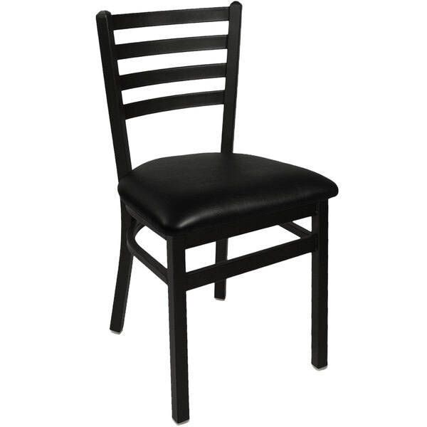 A BFM Seating black steel side chair with black vinyl seat.