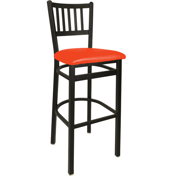A black BFM Seating bar height chair with red vinyl seat.
