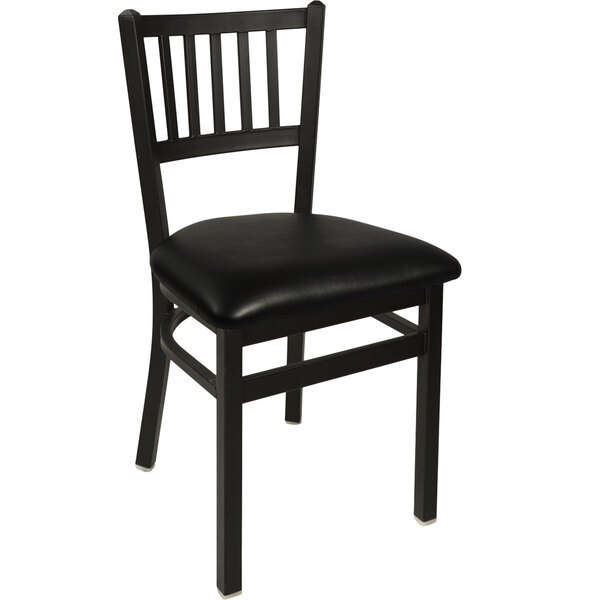 A BFM Seating Troy black metal side chair with a black cushion.