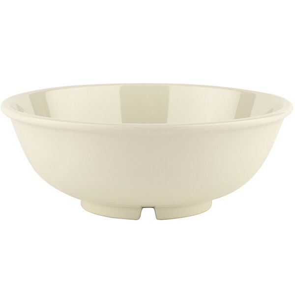 A white melamine bowl with a diamond pattern on the rim.