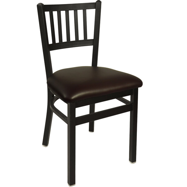 A BFM Seating black steel side chair with a dark brown cushion.