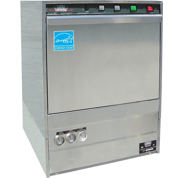 A stainless steel CMA Dishmachines undercounter dishwasher with blue buttons and switches.