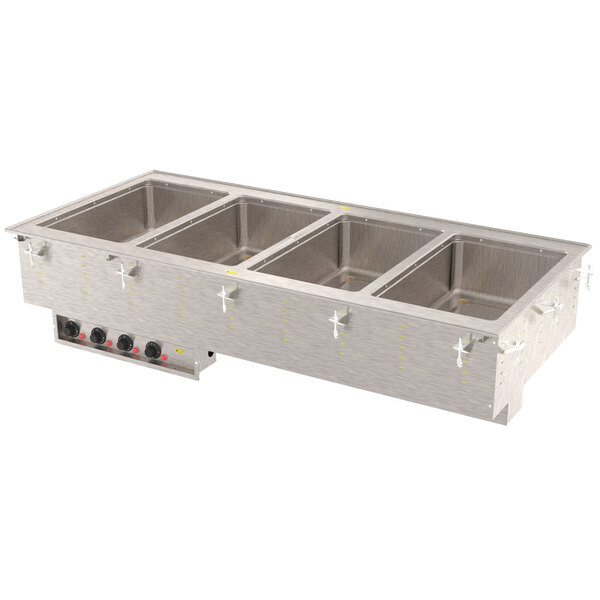 A Vollrath stainless steel drop-in hot food well with four compartments on a counter.