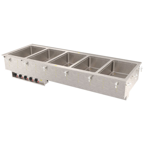 A stainless steel Vollrath drop-in hot food well with five compartments on a counter.