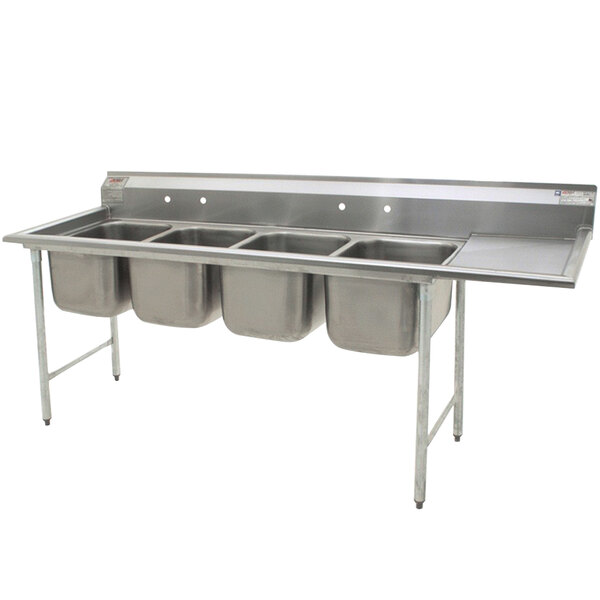 A stainless steel Eagle Group four compartment sink with 16" bowls and an 18" right drainboard.