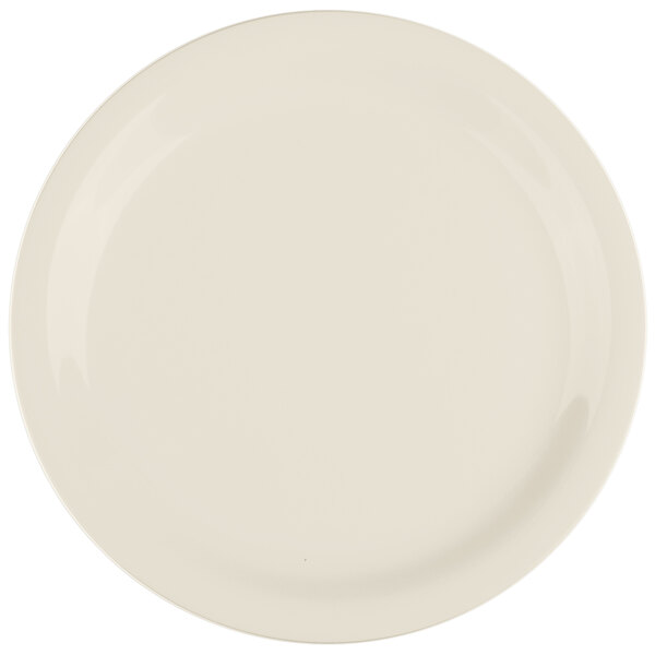 A white plate with a plain edge.