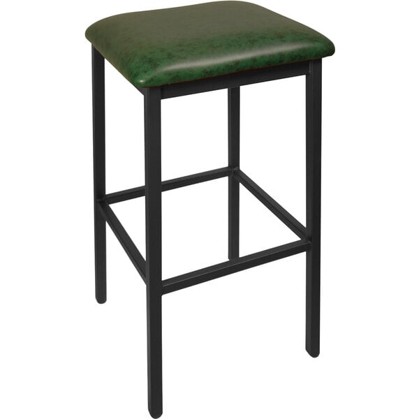 A BFM Seating Trent barstool with a green vinyl seat and black legs.