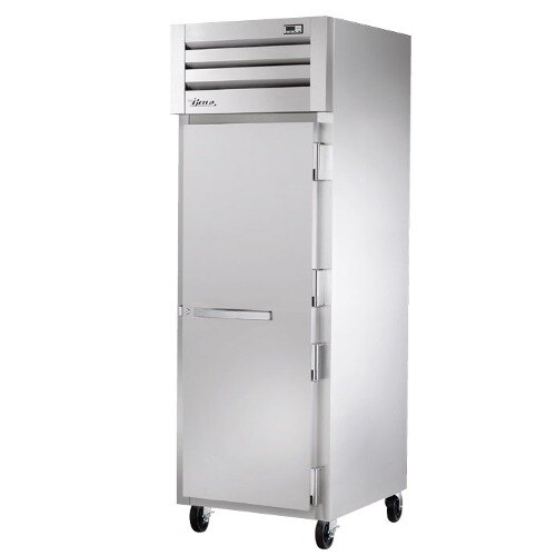 A silver True Spec Series holding cabinet on wheels.