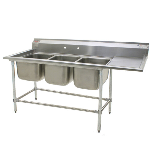 A stainless steel Eagle Group three compartment sink with a right drainboard.