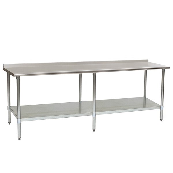 A stainless steel work table with undershelf.