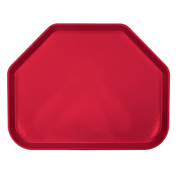 A red trapezoid-shaped Cambro tray.