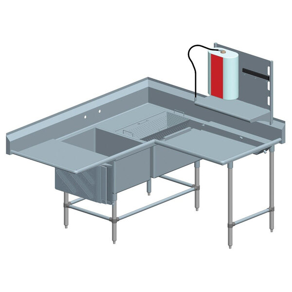 A stainless steel corner prep sink with two bowls and a counter.