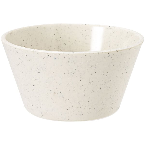 A white speckled melamine bowl.