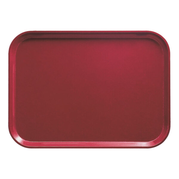A red rectangular Cambro tray on a counter.