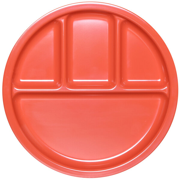A red round Elite Global Solutions melamine plate with four compartments.