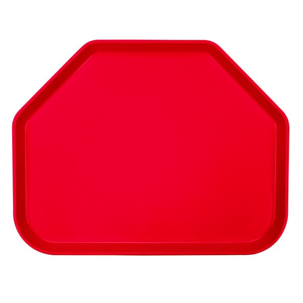 A red trapezoid Cambro fiberglass tray.
