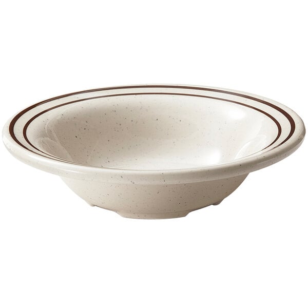 A white bowl with a brown stripe.