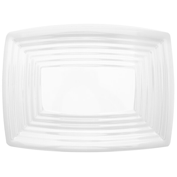 A white rectangular melamine platter with a curved edge.