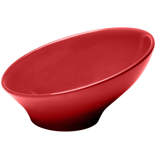 An Elite Global Solutions cranberry melamine bowl with a slanted edge.