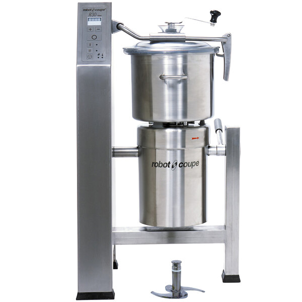 A Robot Coupe vertical cutter mixer with a large stainless steel bowl on a stand.