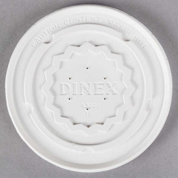 A translucent white plastic Dinex lid with text on it.