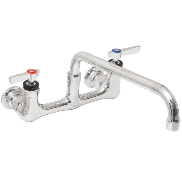 A chrome Eagle Group wall mount faucet with two handles and faucets.