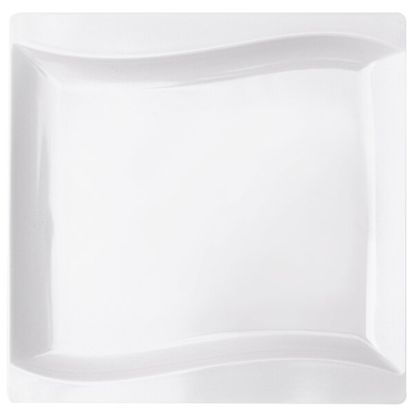 A white square melamine platter with curved edges.