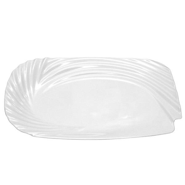 A white rectangular melamine platter with a curved pattern.