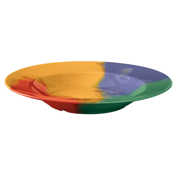 A white melamine bowl with a rainbow diamond design.
