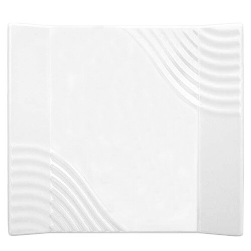 A white square platter with a curved pattern.
