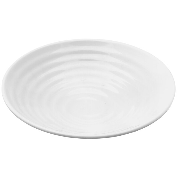 A white melamine bowl with a swirl design.
