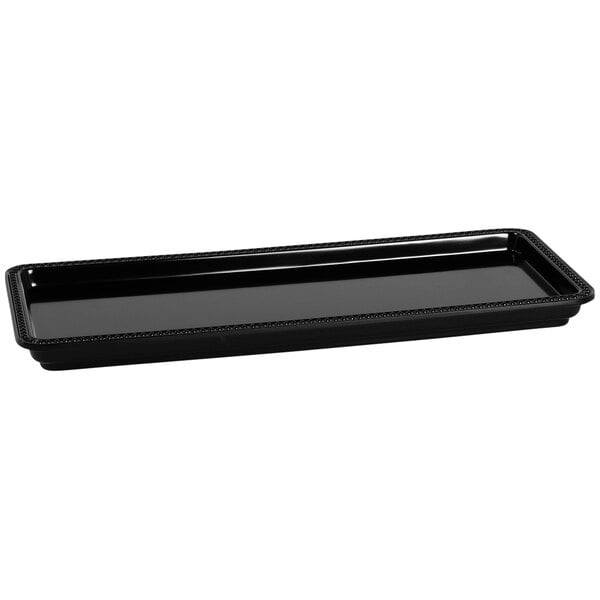 A black rectangular Elite Global Solutions Venetian melamine tray with a decorative edge.