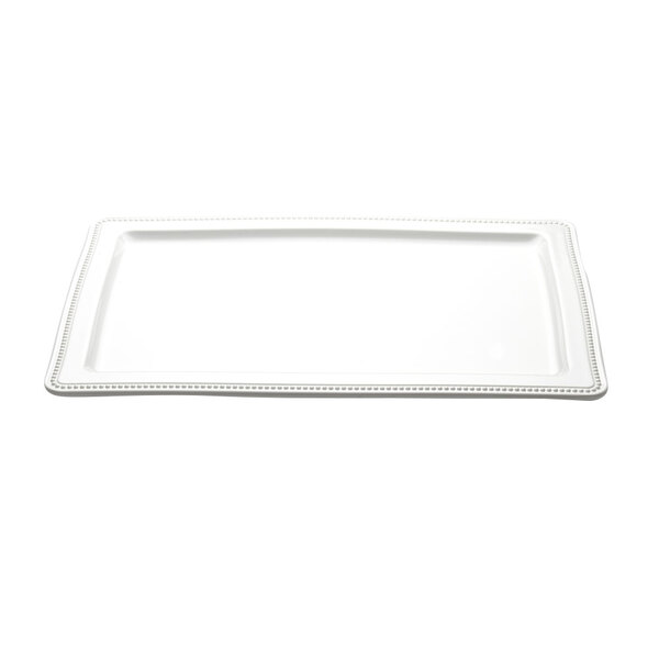 A white rectangular tray with a beaded border.