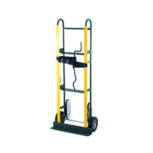 A yellow and green Harper hand truck with belt tightener and rubber wheels.